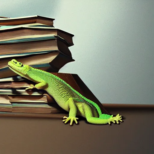 Prompt: the! geico! gecko on a table, being crushed to death by a stack of books, commercial, studio