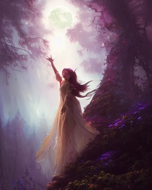 Image similar to a portrait of beautiful fairy goddness fly high in the night, d & d, fantasy, mist, full moon in background, trees, hyper detailed,, midium shot, an oil painting by ruan jia, trending on artstation, concept art, sharp focus, illustration, gaston bussiere, craig mullins, j. c. leyendecker, beautiful lighting