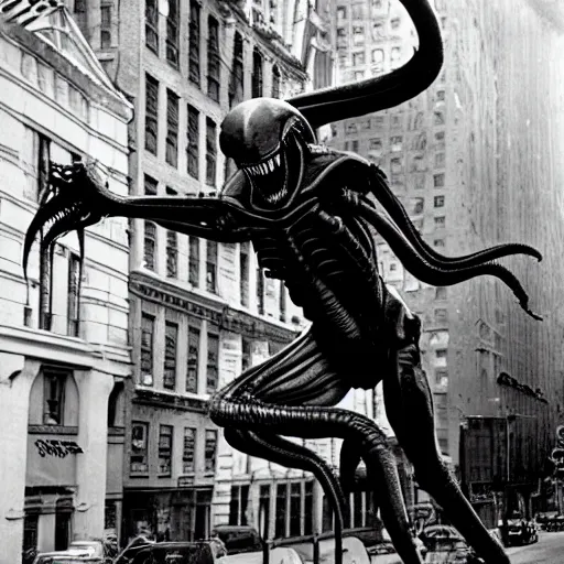 Image similar to old black and white photo, 1 9 1 3, depicting a xenomorph from the movie aliens rampaging through the bustling streets of new york city, historical record