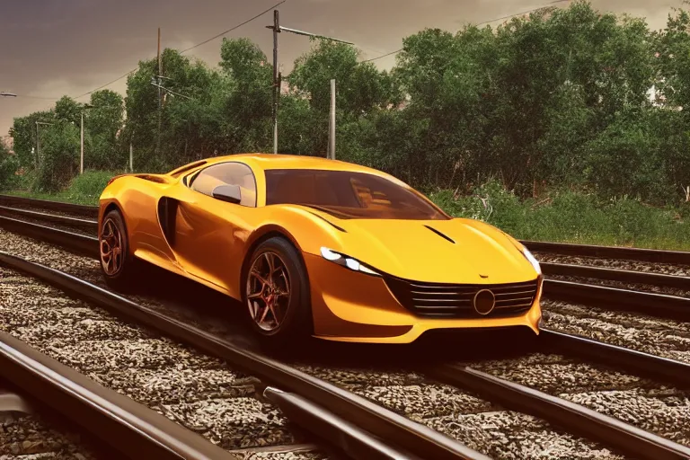 Image similar to HD luxury render of a car made of deep fried spaghetti on train tracks, product photo, rendered in unreal engine 6, clean luxury sports car, spaghetti, 4k