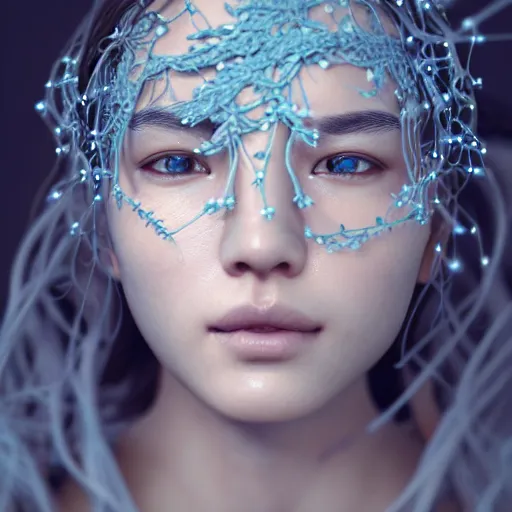 Prompt: intricate highly detailed face portrait of asian - european woman, light blue metal vines on her face, intricate, cgsociety, unreal engine, octane render, sharp focus, smooth, volumetric lighting, cinematic composition, artstation