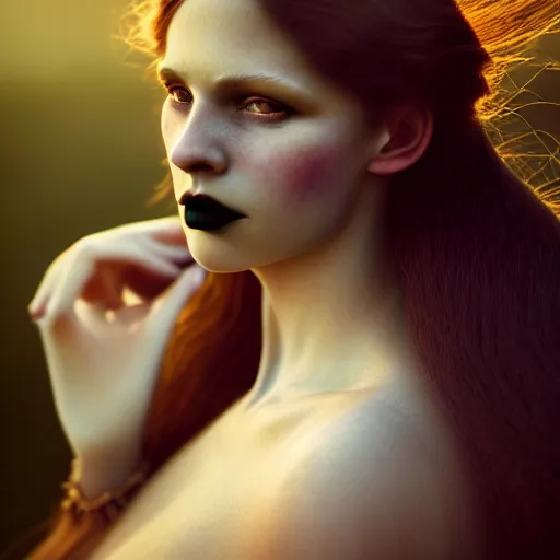 Image similar to photographic portrait of a stunningly beautiful gothic art nouveau female in soft dreamy light at sunset, contemporary fashion shoot, by edward robert hughes, annie leibovitz and steve mccurry, david lazar, jimmy nelsson, breathtaking, 8 k resolution, extremely detailed, beautiful, establishing shot, artistic, hyperrealistic, beautiful face, octane render