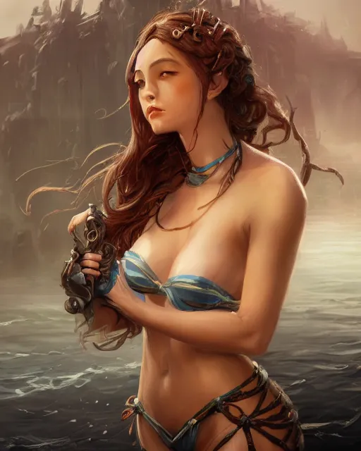Prompt: A beautiful female maid posing on a boat with a magical bikini, beautiful face, fantasy woman, fantasy art, in the style of greg rutkowski, illustration, epic, fantasy, intricate, hyper detailed, artstation, concept art, smooth, sharp focus, ray tracing, profile shot