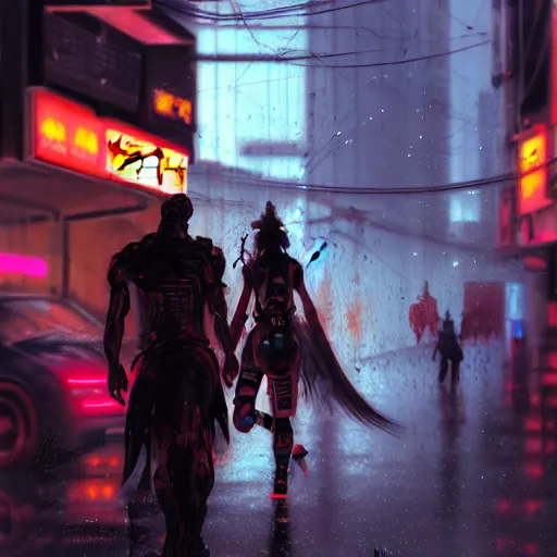 Image similar to An epic comic hyperrealistic cg painting of a cyber samurai girl, attractive, faces and details painted by painted by craig mullins, cyberpunk style color, heavy rainning at tokyo street night, neon lights all around, Matte painting, smoke, cinematic lighting, directional lights, corona render, arnold render, movie concept art, 8k, RPG portrait, Concept world, rim lights, phtotrealistic, hdri