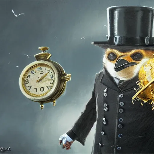 Image similar to oil painting of grumpy rich steampunk penguin, wearing top hat, holding gold watch, steampunk factory background, hamster running in the background, sharp focus, fantasy style, octane render, volumetric lighting, 8k high definition, by greg rutkowski, highly detailed, trending on art Station, magic the gathering artwork, centered