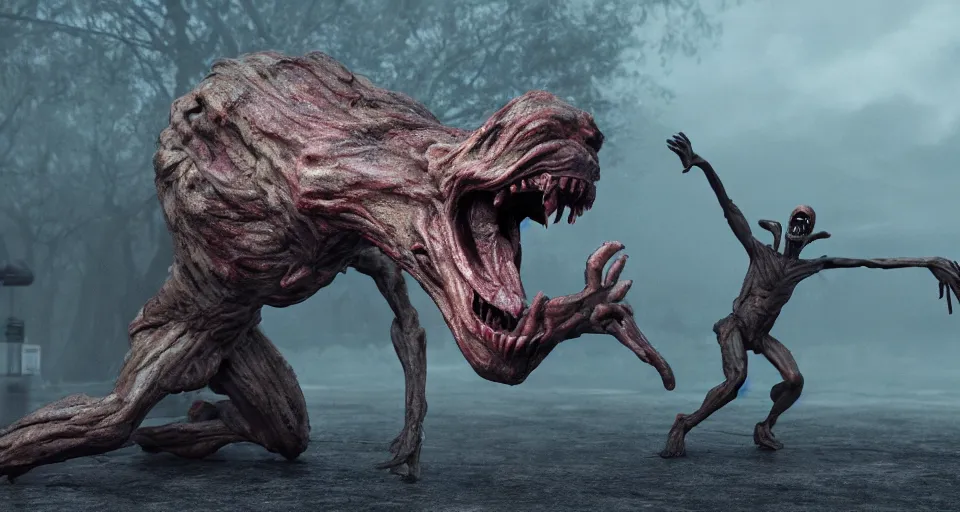 Image similar to a grotesque, disfigured alien creature lunging itself at a helpless man, outside, overcast day, horror movie, unreal engine, octane render