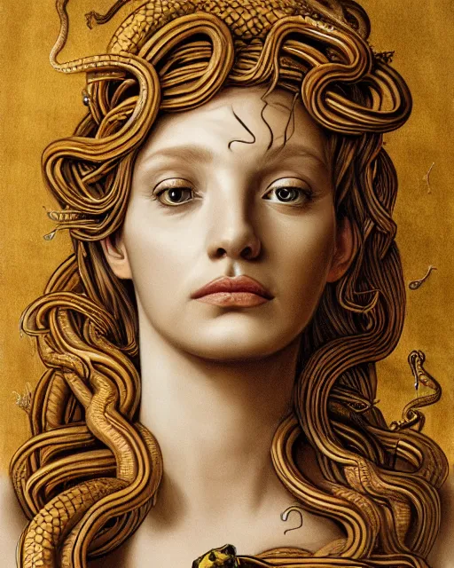 Image similar to realistic portrait of beautiful medusa with her snakes, golden, delicate, facing camera, hyper realism, 1 4 5 0, ink, ultra realistic, 8 k