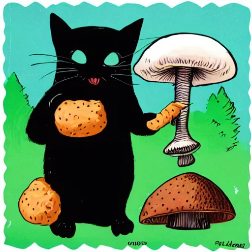 Image similar to black cat eating mushroom patty