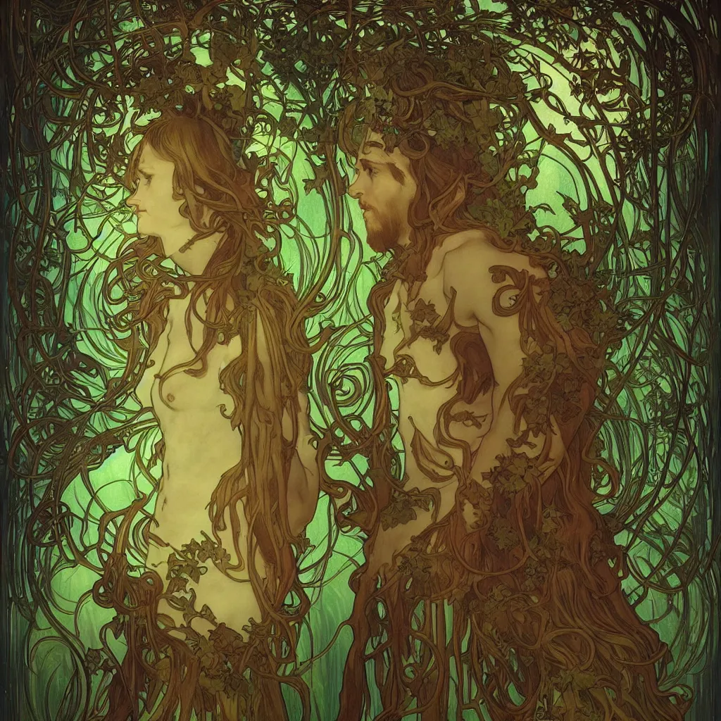 Image similar to bioluminescent pagan god in dark forest by james jean and alphonse mucha, portrait, fantasy, clear, light beams, lens flare, intense, uhd, amazing depth, cinematic lighting