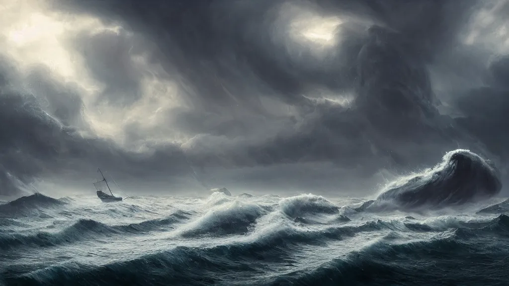 Prompt: small boat in the left foreground, giant massive kraken in the rising out a stormy ocean in the right background, stormy weather, intricate, detailed, volumetric lighting, sharp focus, scenery, digital painting, highly detailed, concept art, ruan jia, steve mccurry