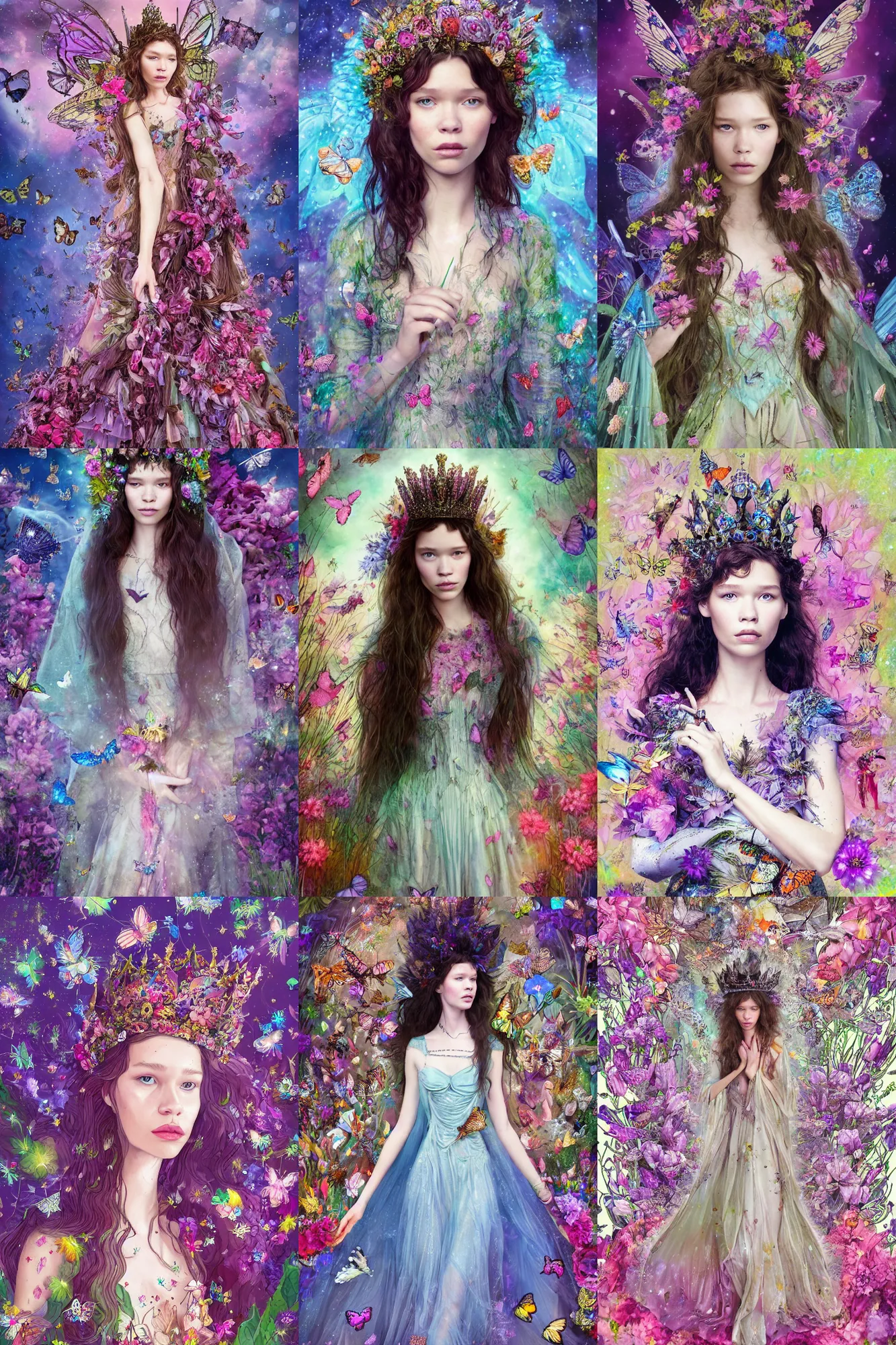 Prompt: astrid berges frisbey as queen of the faries. she is facing the camera. full body portrait. digital illustration. wearing a dress made out of flowers and butterflies. space surrounds her. trending on art station, low detail, fluid, dreamy, vivid colours.