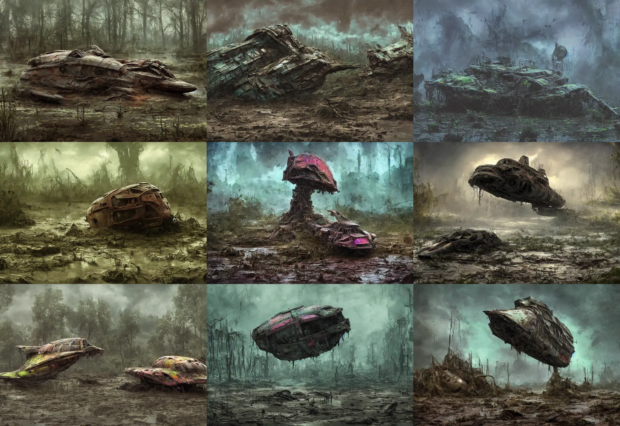 Prompt: matte painting of a crashed very colorful cute alien scout ship covered in mud in a extremely watery swamp, dystopian world, 4 k