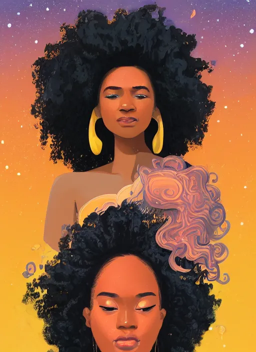 Prompt: full - length portrait of a young black woman with long flowing hair, wearing a flowing sundress, standing in front of a starry galaxy, detailed face, fantasy, cinematic lighting, digital art painting, fine details by realistic shaded lighting poster by ilya kuvshinov katsuhiro otomo, magali villeneuve, artgerm, jeremy lipkin and michael garmash and rob rey