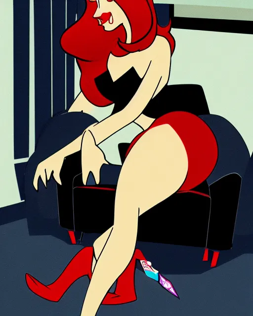 Prompt: Jessica Rabbit eating a bag of Doritos, sitting on a chair, Who Framed Roger Rabbit 2D animation still