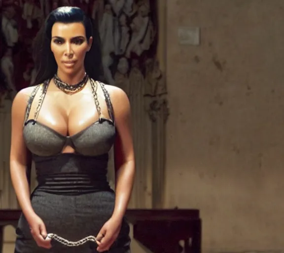 Prompt: a movie still of kim kardashian as a handcuffed prisoner with a chain around her neck bonded to a steel chair on the alter of a church