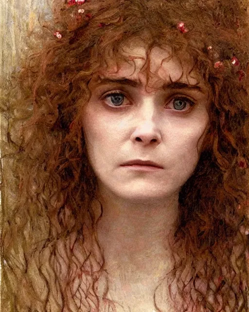 Image similar to a beautiful but sinister girl who looks like shirley henderson in layers of fear, with haunted eyes and curly hair, 1 9 7 0 s, seventies, delicate embellishments, a little blood, crimson, painterly, offset printing technique, by jules bastien - lepage