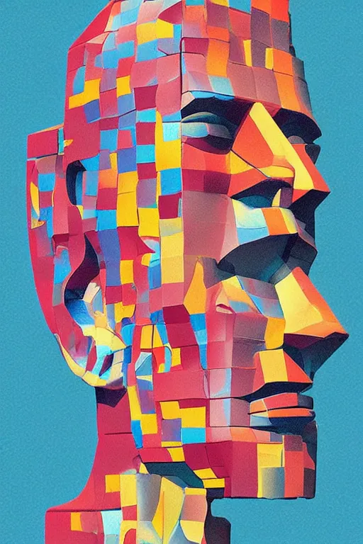 Image similar to cubist moai statue cutout digital illustration cartoon colorful beeple