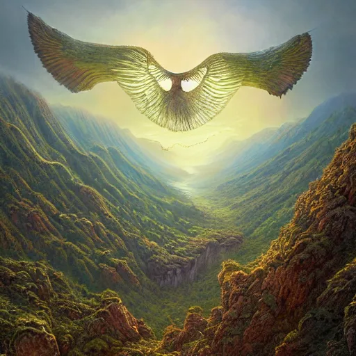 Prompt: of an impossible landscape with a infinite multi dimension portal, a beautiful ultradetailed matte painting of Quetzalcoatl flying over a lush mountain range at dusk by tomasz alen kopera and Justin Gerard and Dan Mumford, tarot card, dazzling energy, ultra wide angle shot, high angle shot, intricate, fractal magic, rays of god, hyperdetailed, micro details, volumetric lighting, 8k, ray tracing, polarized lens