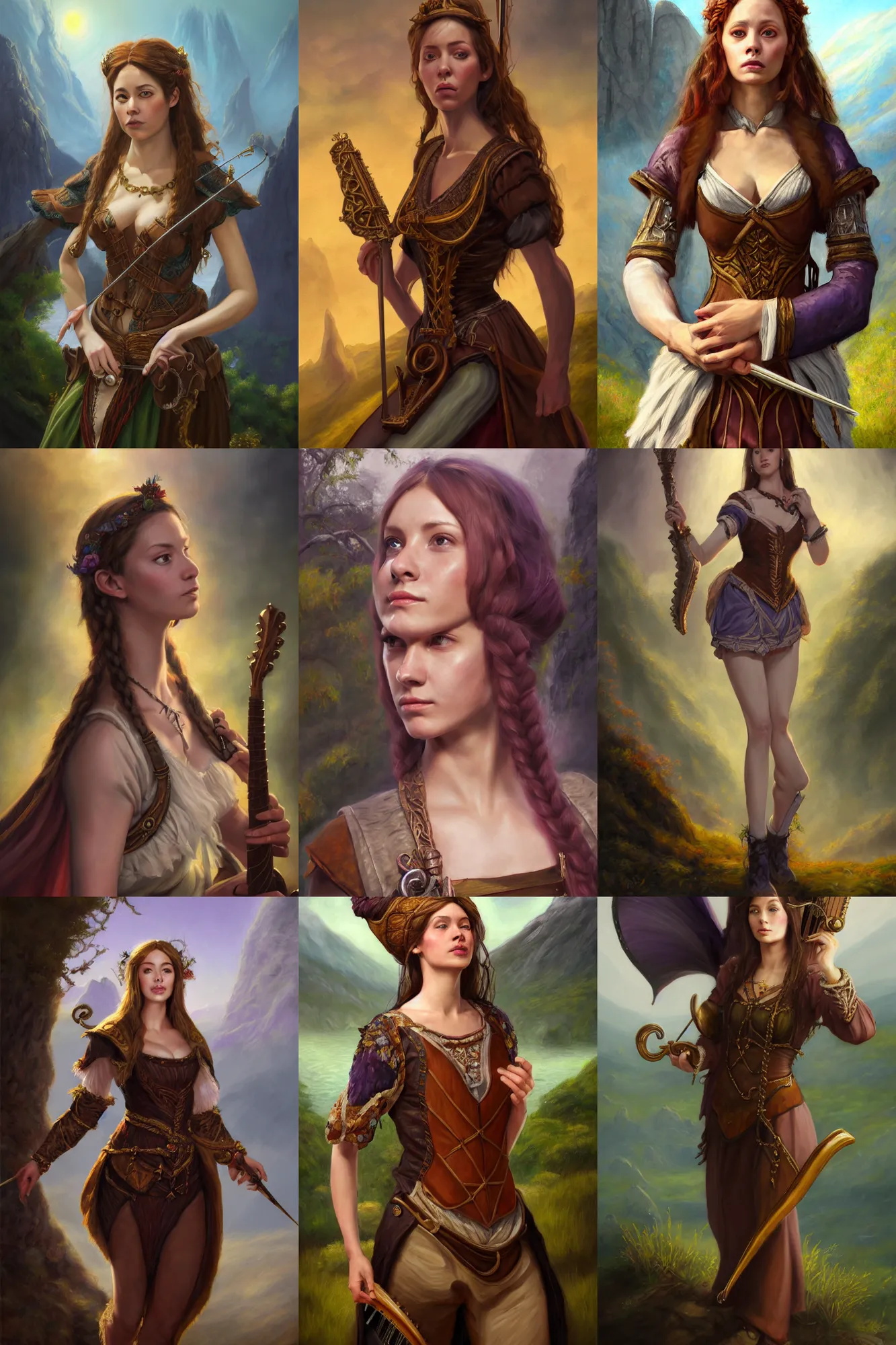Image similar to a full body high detail fantasy portrait oil painting illustration of a single beautiful sophisticated bard woman by justin sweet with face and body clearly visible, in a scenic background, pupils visible, realistic proportions, d & d, rpg, forgotten realms, artstation trending, high quality, sombre mood, artstation trending, muted colours, entire person visible!
