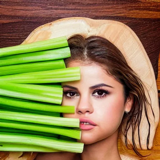 Image similar to selena gomez made out of celery, a human face with celery for hair, celery in the shape of a human face, a bunch of celery sitting on a cutting board, professional food photography