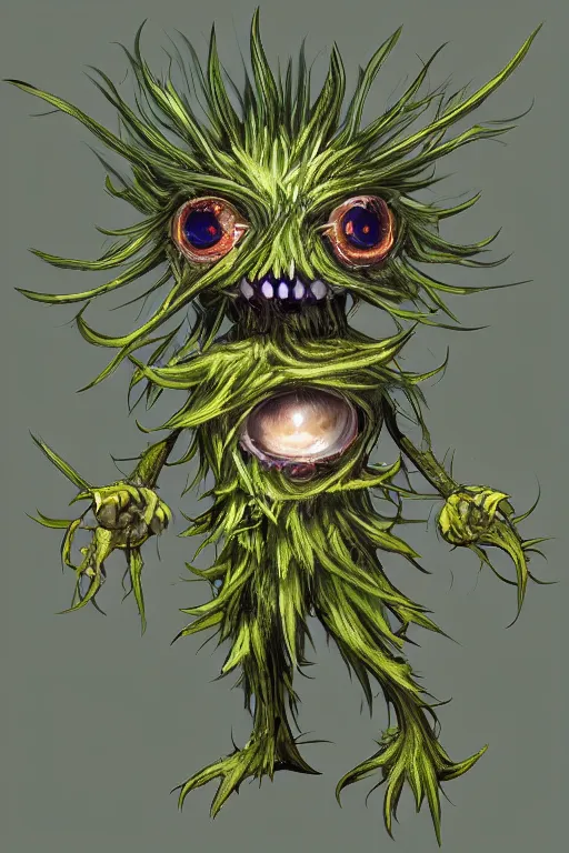 Prompt: a humanoid figure dandelion moss plant monster thistle armour, large eyes and menacing smile, highly detailed, digital art, sharp focus, trending on art station, anime art style