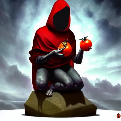 Image similar to a hooded cultist is stabbing a tomato placed on an altar, in front of a stone statue of a forgotten god, by patrick mcenvoy and michael komarck and fantasy flight, incredible quality, trending on artstation