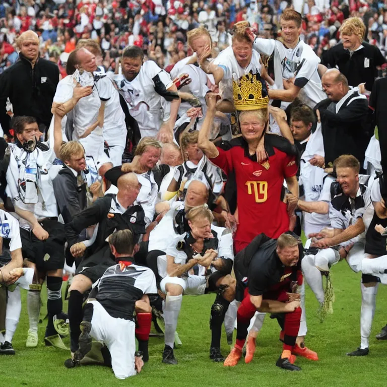 Prompt: Erling Haaland sitting on an ornate thrown and being crowned the emperor of football