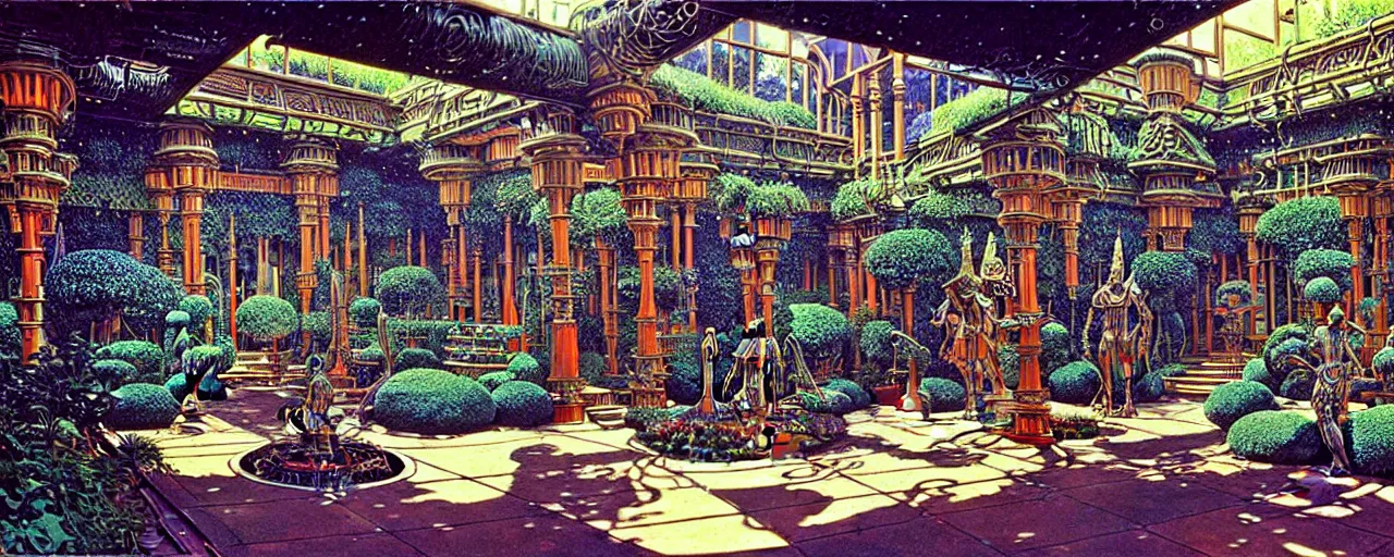 Image similar to a luxurious scifi futuristic victorian garden courtyard by robert mccall, killian eng, moebius, philippe druillet