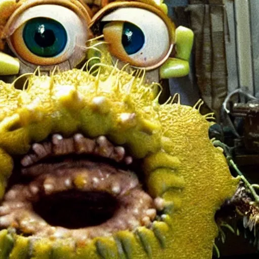 Prompt: a disgusting vile realistic spongebob monster eating a man from The Thing, by Cronenberg and greg nicotero H- 850