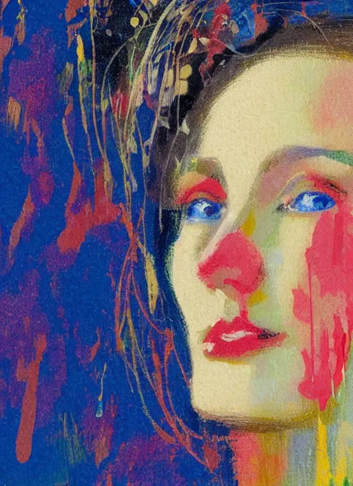 Prompt: an extreme close - up abstract portrait of a lady enshrouded in an impressionist representation of mother nature and the meaning of life by igor scherbakov, abstract, thick visible brush strokes, figure painting by anthony cudahy and rae klein, vintage postcard illustration, minimalist cover art by mitchell hooks