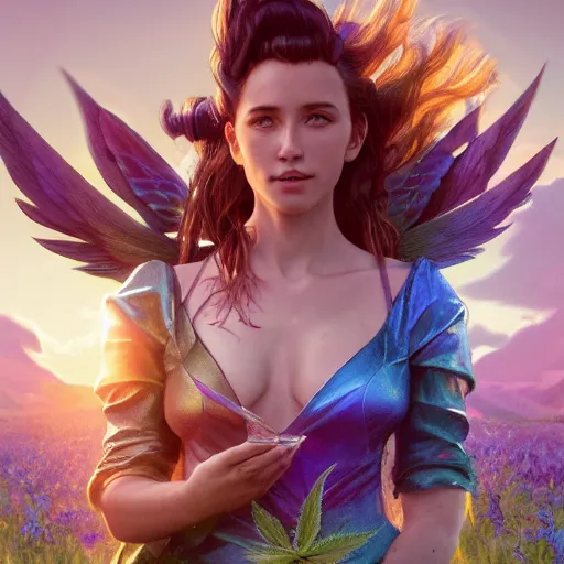 Image similar to a iridescent unicorn with wings eating in a field of marijuana, art by artgerm and greg rutkowski and alphonse mucha, concept art, octane render, unreal engine 5, highly detailed, high quality, 8 k, soft lighting, realistic face, path traced