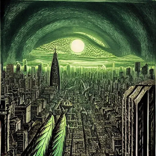 Prompt: by nick walker, by david a. hardy deep green, shaders lush. a beautiful illustration of a large, monster looming over a cityscape. the monster has several eyes & mouths, & its body is covered in spikes. it seems to be coming towards the viewer, who is looking up at it in fear.