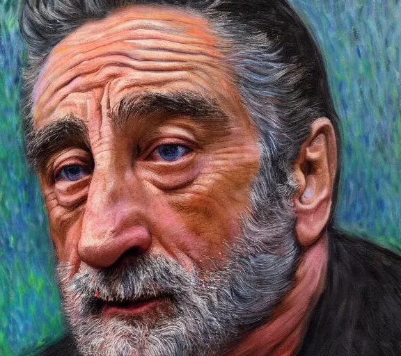 Image similar to a hyper-detailed oil painting of Robert DeNiro by Claude Monet; anatomically correct; trending on artstation