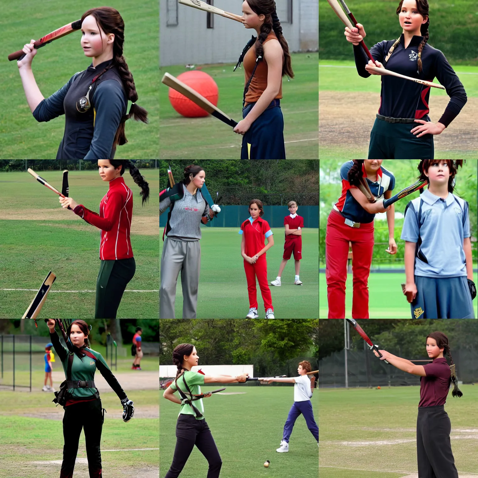 Prompt: Katniss Everdeen as a P.E. teacher, teaching cricket