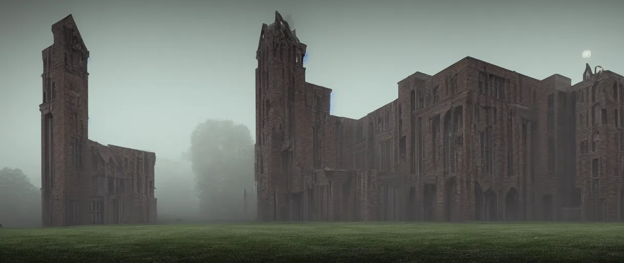 Image similar to a highly detailed brutalist gothic brick asylum hospital, fog, mist, hyperrealism, highly detailed, intricate, cinematic, symmetrical and centered, front facing camera, moon light, street lights, cinematic, epic lighting, octane nvidia omniverse render in 8 k by scott robertson, artstation, frederic church