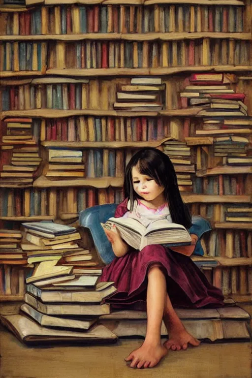 Image similar to a little girl sits cross legged on top of a tall pile of books. she is reading. clean elegant pretty cartoon painting, beautiful detailed face.