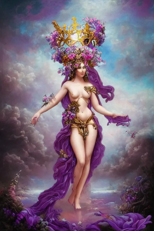 Image similar to full body pose fine art photo of the cher goddess, she has a crown of stunning flowers and frilly dress of purple satin and gemstones, background full of stormy clouds, by peter mohrbacher