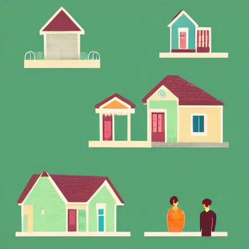 Prompt: vector illustration of people looking at a house, tom whalen, sea green color theme