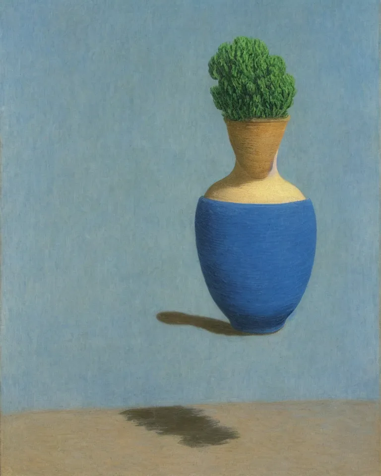 Image similar to achingly beautiful print of solitary painted ancient greek vase on baby blue background by rene magritte, monet, and turner.