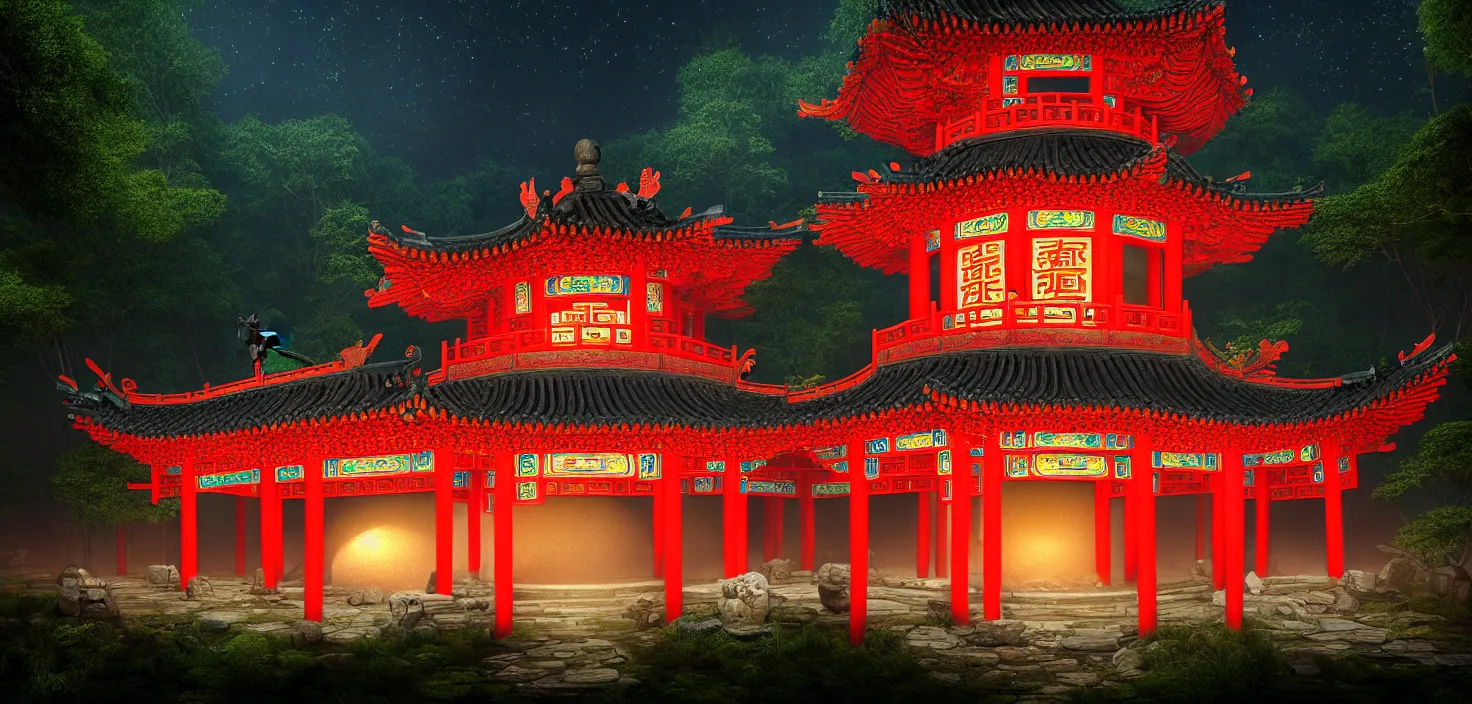 Prompt: a traditional chinese building in the forest at night, big round glowing multicoloured portal house, central symmetrical composition, incredible, vector art, octane render, fabulous, hyper detailed, random cinematic view, no noise, global illumination, warm lighting, volumetric, godrays, vivid, beautiful, by jordan grimmer