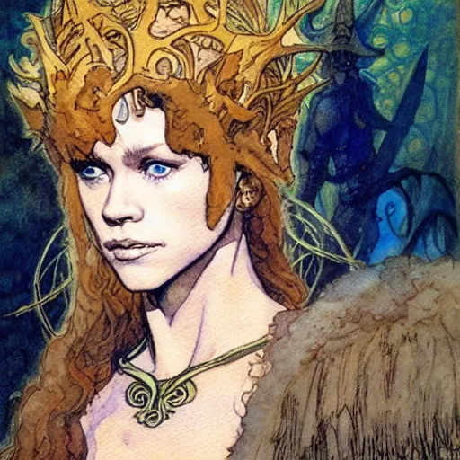 Prompt: a realistic and atmospheric watercolour fantasy character concept art portrait of a young jane fonda as a druidic warrior wizard looking at the camera with an intelligent gaze by rebecca guay, michael kaluta, charles vess and jean moebius giraud