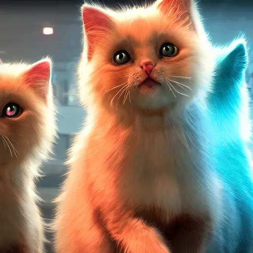 Prompt: iridescent kittens cyperpunk 2 0 7 7, unreal engine 5, 8 k ultra realistic, hyperdetailed, volumetric lighting, extremely high quality