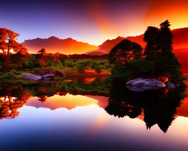 Image similar to a beautiful landscape photography of the garden of eden. lake reflections in the foreground, sunset, dramatic lighting by Marc Adamus