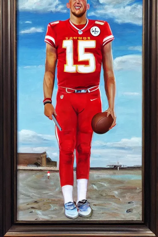 Image similar to patrick mahomes with a whaling harpoon oil painting portrait