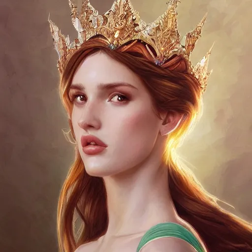 Image similar to ultra realistic illustration, bella thorne wearing princess crown, intricate, elegant, highly detailed, digital painting, artstation, concept art, smooth, sharp focus, illustration, art by artgerm and greg rutkowski and alphonse mucha