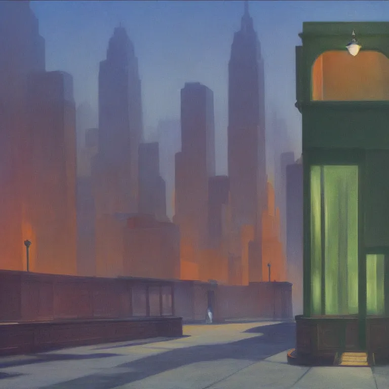 Image similar to city fog, early morning, painted by Edward Hopper, painted by Wayne Barlow, airbrush