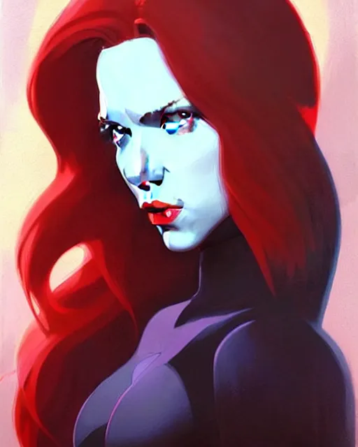 Image similar to peter mohrbacher, phil noto, artgerm, pretty scarlett johansson black widow, symmetrical eyes, long red hair