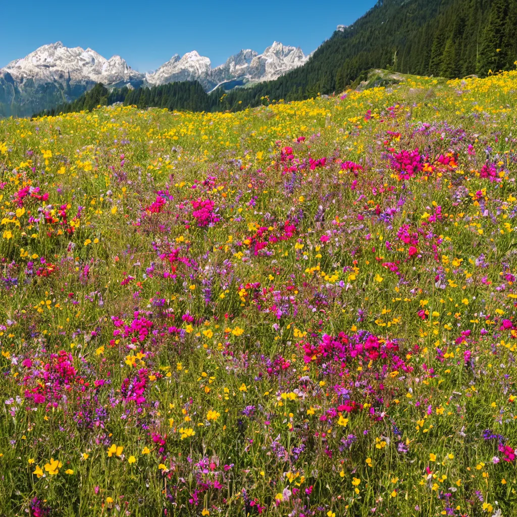 Prompt: a colourful flower meadow in the alps, sunny weather, Carl Zeiss 35mm vintage lens, bokeh