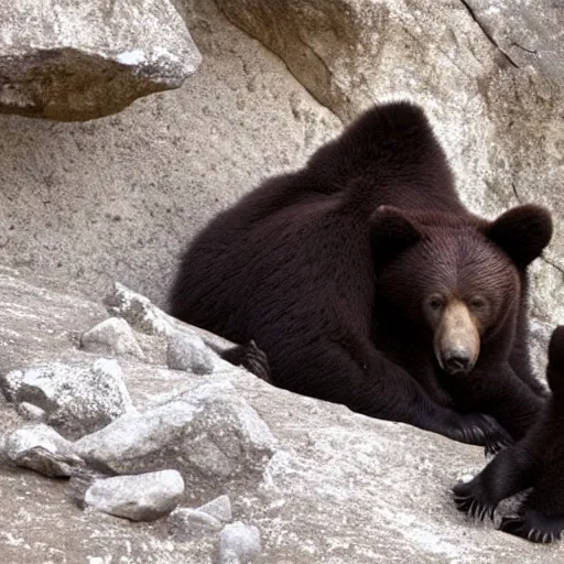 Image similar to a mother bear and her cubs sleeping in a dark cave