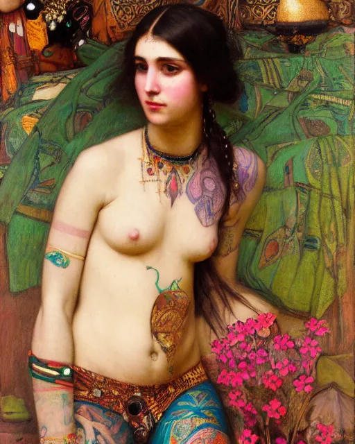 Image similar to a beautiful girl with colourful tribal tattoos surrounded by colourful flowers orientalist intricate portrait by john william waterhouse and edwin longsden long and theodore ralli and nasreddine dinet, oil on canvas. cinematic, hyper realism, dramatic lighting, high detail 8 k